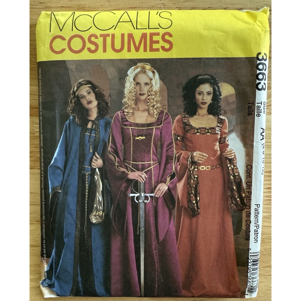 McCall's Costume Pattern 3663 Renaissance Medieval Gown Dress Hooded Cloak 6-12